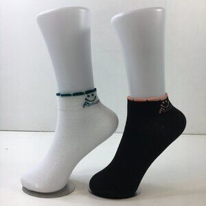 Womens Ankle Socks Set 2 Smiley Face "Amor" Design Solid White Black